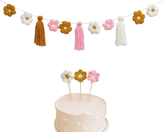 Flower Daisy Garland - Daisy Cake Topper - Boho Tassel Bundle,First Birthday Party Decorations,Groovy Baby Shower,Nursery Decor,Two Groovy Party(YARN DAISY SUIT)