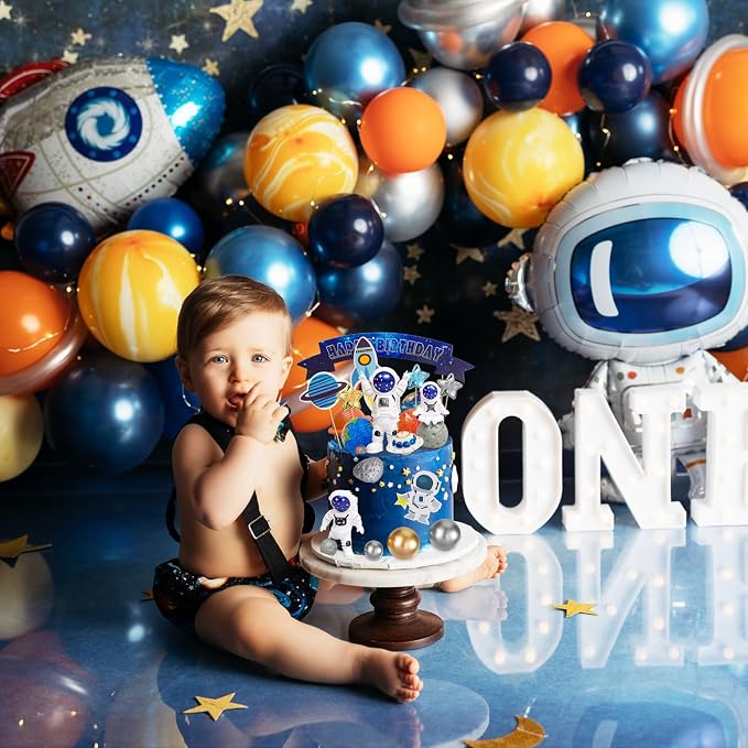 Astronaut Figurines Cake Toppers 32Pcs Outer Space Cake Decorations Spaceman Figures Planet Rocket Stars and Satellite Balls for Two The Moon First Trip Around the Sun Birthday Baby Shower