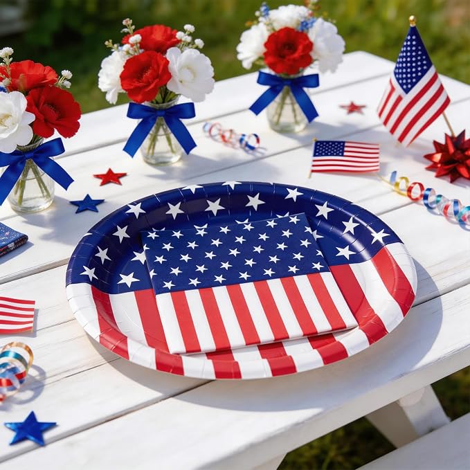 100 Pcs Patriotic Oval Paper Plates and Napkins, 12"×10" Large Disposable Red White Blue American Flag Themed Tableware Set Heavy Duty for Veterans Day Election Day 4th of July Independence Day Decor