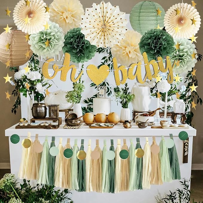 Sage Green Baby Shower Decorations Boy Oh Baby Banner Olive Sage Green Paper Pom Poms Paper Tassel Garlands for Baby Gender Reveal Party Decor