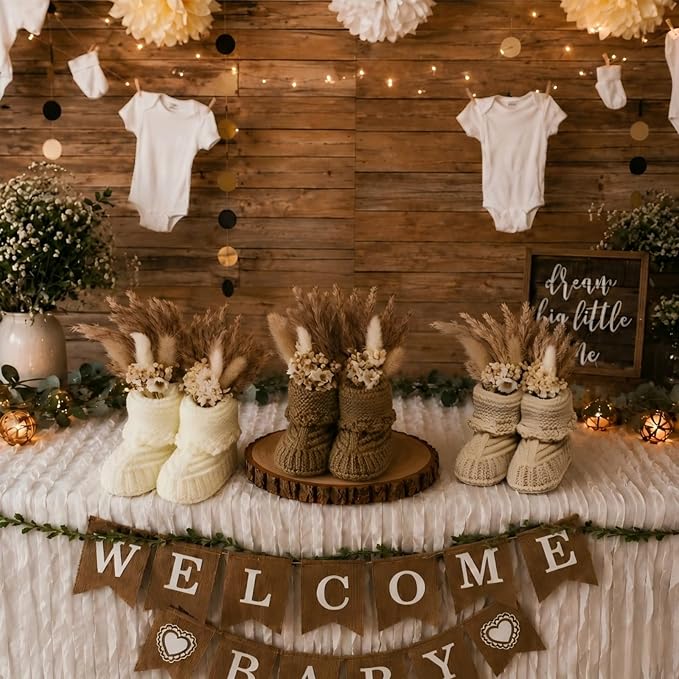 12 PCS Sets Handcrafted Boho Baby Shower Decorations, Baby Shower Table Decorations Centerpieces with Reusable Boho Flowers & Crochet Newborn Booties, Creative Gift for Gender Reveal Party, New Parents