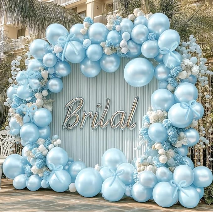 Pearl Blue Balloon Double Stuffed Light Baby Blue Balloons Garland Pearl Arch Kit Long Balloons Different Size for Birthday Wedding Baby Shower Anniversary Decoration