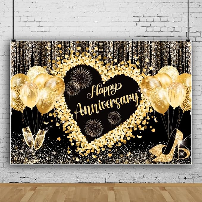 7x5ft Black & Gold Happy Anniversary Backdrop Banner, Gold Glitter Bokeh Spot Balloon Champagne Decorations for Wedding Anniversary Bridal Shower Party Photo Backdrops