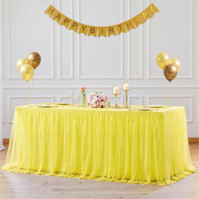 Yellow Tulle Tablecloth for 8 Foot Rectangular Tables 8ft Yellow Rectangle Table Cloth Wrinkle Free Table Cover with Tutu Skirt for Birthday Cocktail Banquet Buffet Lemon Citrus Fruit Party Decoration