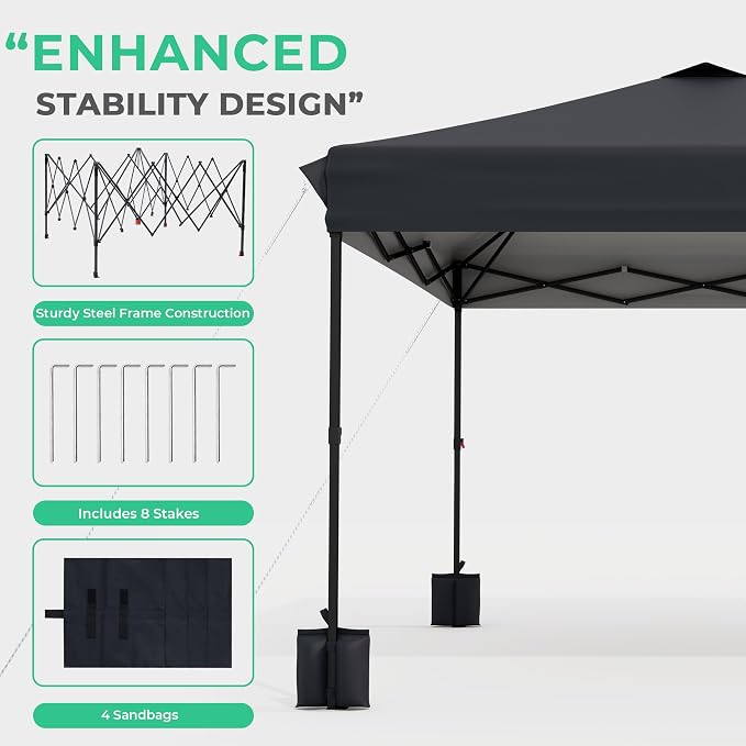 JEAREY 10x10 ft Pop Up Canopy Tent, Heavy Duty Outdoor Canopy with 1-Push Instant Setup, Commercial Tent with Roller Bag, 4 Sandbags and 8 Stakes, Water-Resistant, Gray