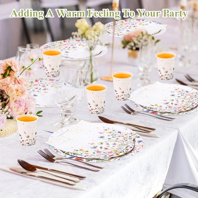 Ziliny 250 Pcs Wildflower Party Decorations Include Spring Summer Floral Paper Plates Napkins and Cups for Wildflower Baby Shower Tea Decorations, Serve 50 Guest (Colorful,Floral Style)