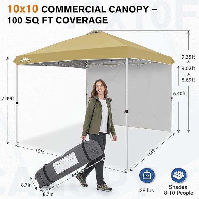 EAGLE PEAK Commercial Canopy 10x10 Pop Up Canopy Tent with 1 Sidewall, Easy Setup Heavy Duty Instant Event Shelter for Vendors & Markets, Outdoor Sun Shade, Beige