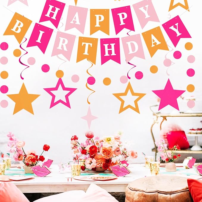 Hot-Pink Orange Fall Birthday Party-Decorations - 19pcs Autumn Summer Women Girls Streamers Banner,Paper Star Garland Lanterns Honeycomb Fan,Tissue Pom Poms,Wall Ceiling Backdrop Supplies Ouruola