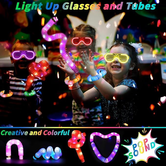44 Pcs Glow in the Dark Party Supplies 20 LED Light Up Glasses 24 Glow Sticks LED Party Favors Light Up Pop Tubes Flash Glasses LED Bracelet Necklace for Birthday Wedding Goodie Bag