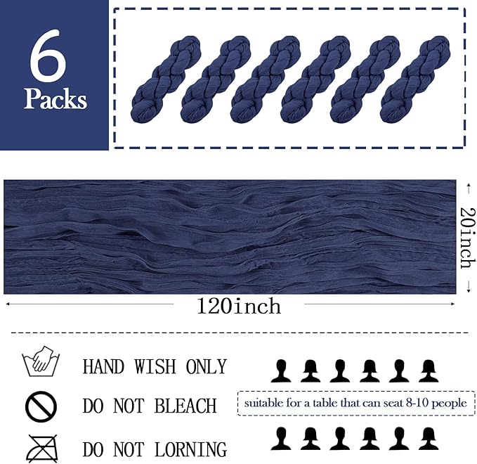6 Pack Navy Blue Cheesecloth Table Runner 20 x 120 inch Gauze Table Runners 10 FT Long,Semi Sheer Boho Cheese Cloth Fabric Table Runner Bulk for Wedding,Party,Baby Shower,Bridal Shower Decoration
