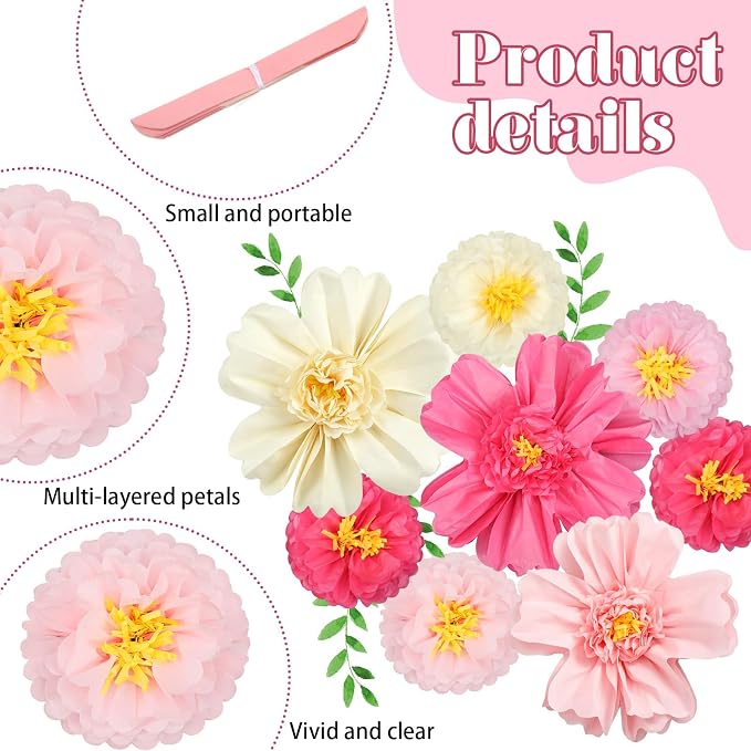 Crowye 12 Pcs Large Colorful Tissue Paper Flowers Decorations Giant Fiesta Craft Crepe Paper Flowers for Wall Decor Backdrop Mexican Wedding Birthday Carnival Party (10'' 20'',Pink Color)