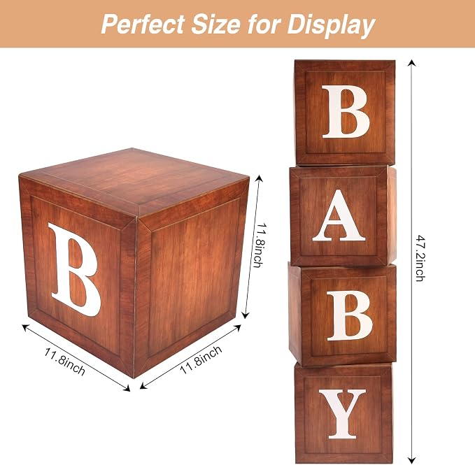 Wood Baby Shower Boxes Party Decorations - 4 Wood Grain Brown Blocks with Printed BABY Letters, Gender Reveal Backdrop,Teddy Bear Baby Shower Supplies, First Birthday Centerpiece Decor