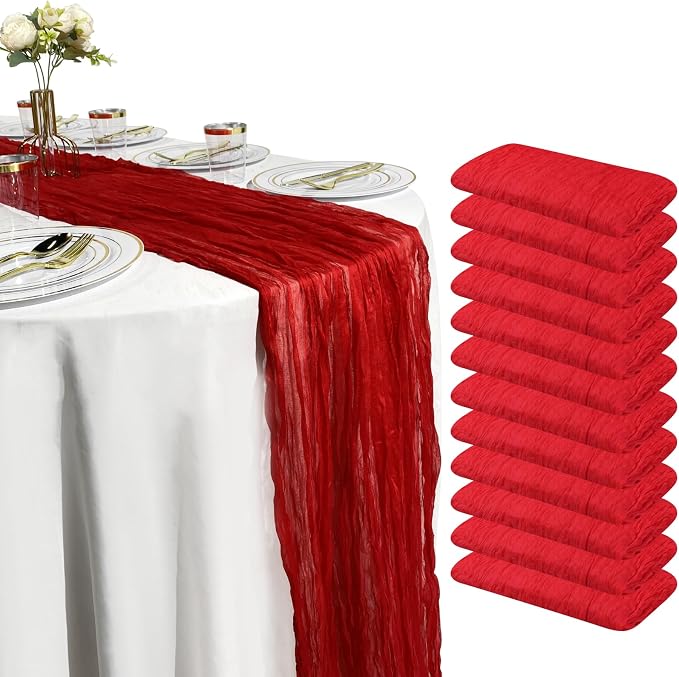 12 Pack Red Cheesecloth Table Runner Set – 10FT x 12pcs Gauze Boho Table Runners for Wedding Party Bridal Shower Baby Shower Dinner Holiday Rustic Decorations