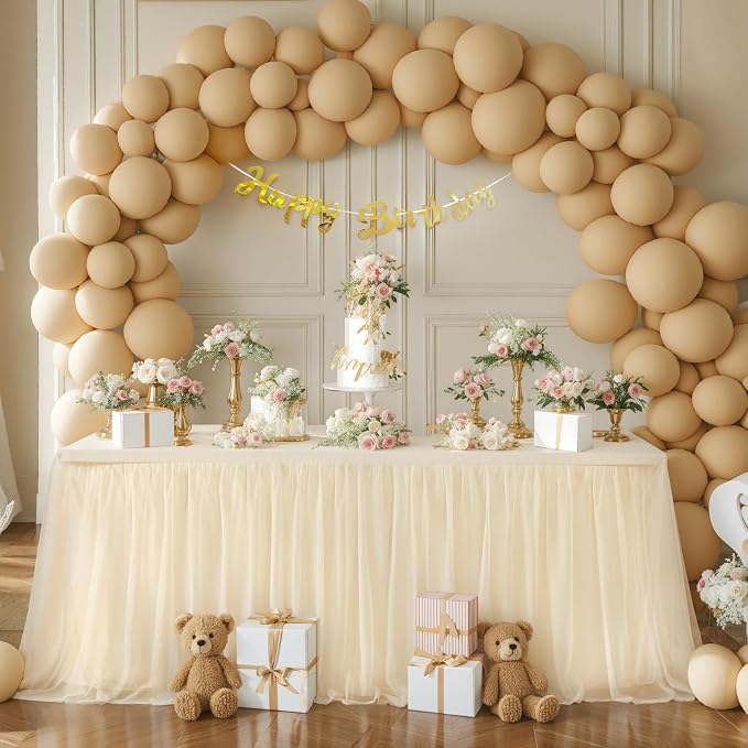 Champagne Tulle Table Cloths for 6 Foot Rectangle Tables, 72" x 30" (6FT-2Pack), Fitted Table Cover with Elastic Stretch Ruffle Tablecloth