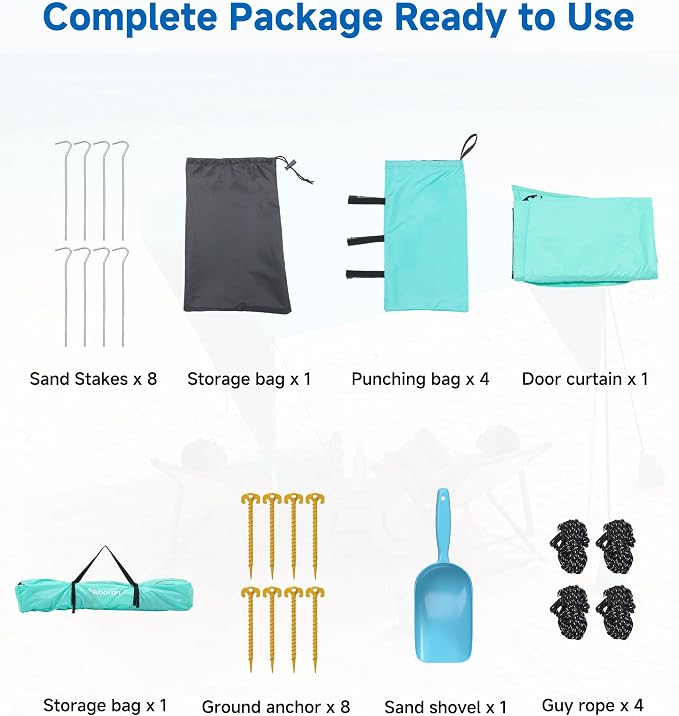 Slsy Beach Tent 10 x 10 FT, Beach Shelter with Removable Side Wall, UPF 50+ Sun Protection Canopy Cabana, Easy Setup Shade with Sandbags, Stakes & Guy Lines, Wind Resistant, Fits 6-8 People