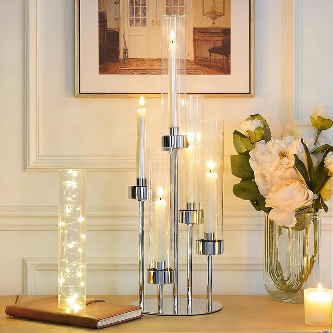 2 Pcs 5-Arm Silver Metal Table Candelabra Centerpiece, 22" Tall Clear Candlesticks Holder with Shade for Valentines Day Events Party Table Centerpiece,Fit LED Candles