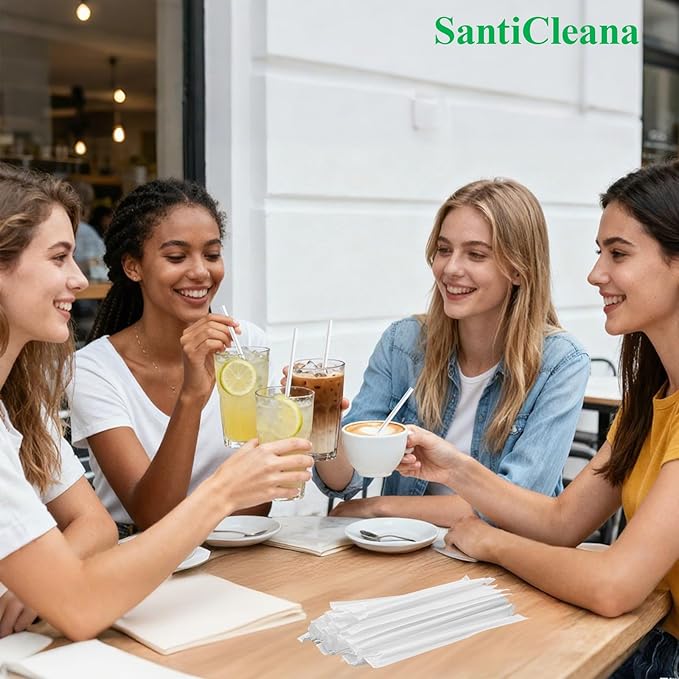 SantiCleana 100 Pack Biodegradable Straws, Individually Wrapped, 8.3", 14℉-185℉, Plant-Based, Straight, White, Compostable, BPA-Free