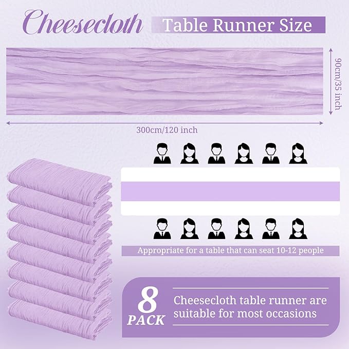 Pesonlook 8 Pack-35x120 Inch Boho Gauze Table Runner, 10Ft Lavender