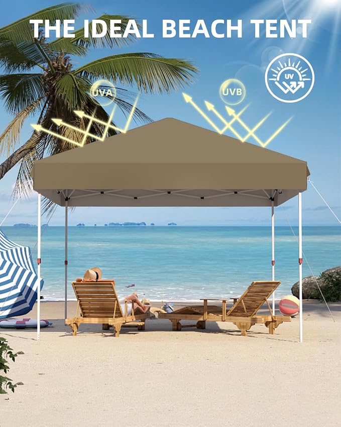 10x10 Pop Up Canopy with One Button Push Setup - Heavy Duty Outdoor Canopy Tent with Portable Roller Bag - 3 Adjustable Height, 4 Weight Bags, 8 Stakes & 4 Guy Ropes Included, Khaki