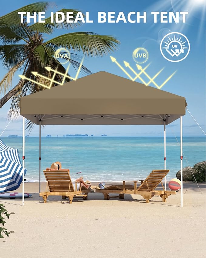 GarveeLife 10x10 Pop Up Canopy with One Button Push Setup - Heavy Duty Outdoor Canopy Tent with Portable Roller Bag - 3 Adjustable Height, 4 Weight Bags, 8 Stakes & 4 Guy Ropes Included, Khaki
