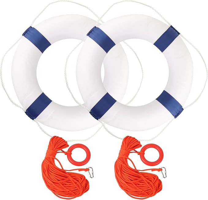 Calvana 20" Foam Life Preserver Ring with 98.4ft Floating Lifesaving Rope, Throwable Flotation Device, Pool Safety Float, for Buoy and Swimming Decoration, Boat Safety Equipment