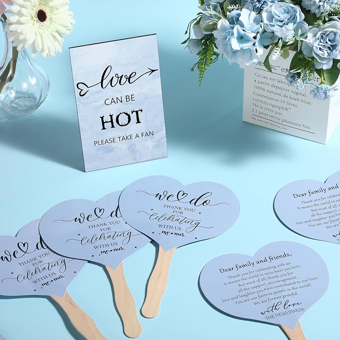 51 Pcs Wedding Fans for Guests Wedding Favor Paper Fans with Handle Bulk Table Sign for Ceremony Bridal Party Decoration(Blue,Classic)