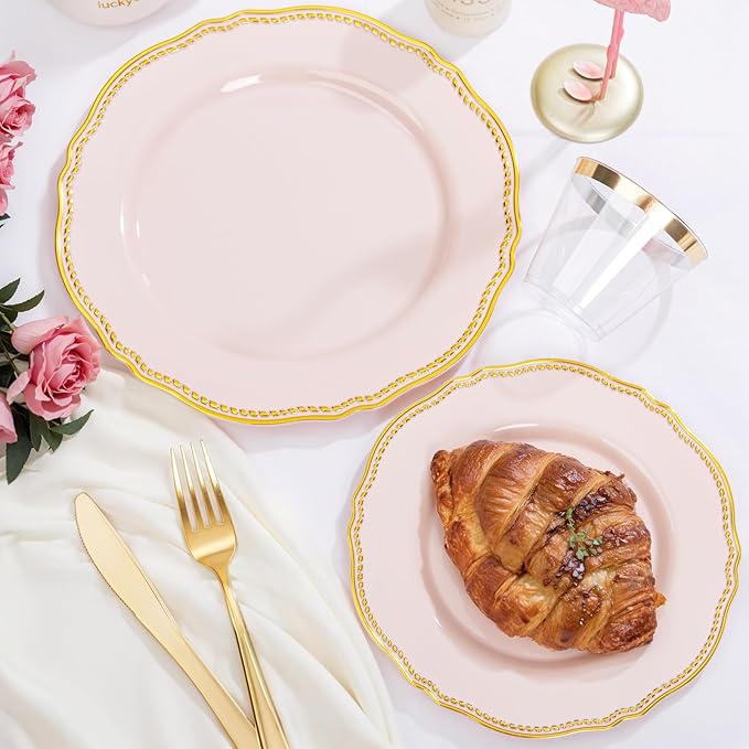 Hioasis 175pcs Pink and Gold Plastic Plates - Pink Plastic Dinnerware Set Includes 25 Dinner Plates, 25 Dessert Dinnerware, 25 Cups, 25 Napkins Perfect for Wedding & Easter & Mother’s Day