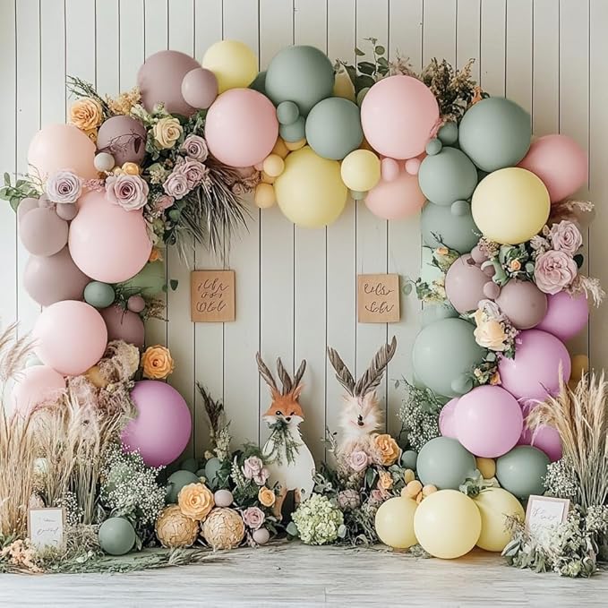 Dusty Green Pink Yellow Balloon Garland Double Stuffed Pastel Pink Yellow Haze Purple Green Floral Pastel Balloons Arch Kit for Birthday Wild Flower Tea Baby Shower Garden Party Decoration