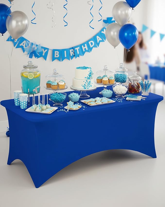Fixwal 3 Pack Royal Blue Tablecloth Rectangle 8Ft, Stretch Spandex Fitted Table Cover for Party, Trade Show, Wedding, Buffet, Graduation, Vendor Stand