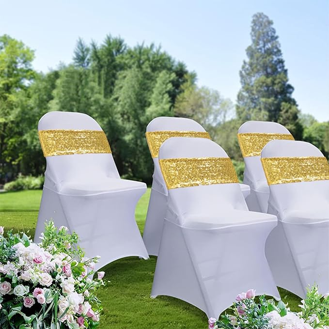 All Sequin Gold Chair Sashes 100 Pack, Gold Sequin Chair Sashes Bows for Wedding Party Folding Chair Decoration, Golden Chairs Band with Buckles for Fiesta Event Decorations