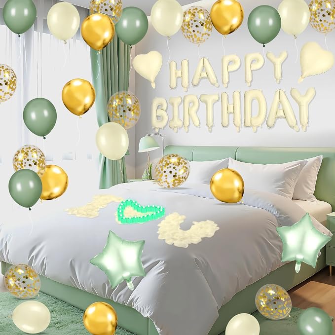 Sage Green Happy Birthday Balloons Decorations Beige Green Birthday Balloon Letters Banner with 4 Pcs Star Balloons Artificial Rose Petal 24 Flameless LED Candles for Room Hotel Party Decor Supplies