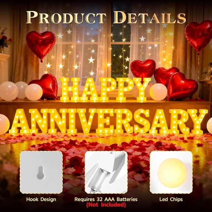 Happy Anniversary Decorations, I Love You Light up Letters Sign, with Rose Petals, Round Pearlescent Balloon, Aluminum Balloons, Table Decor for Wedding Romantic Party