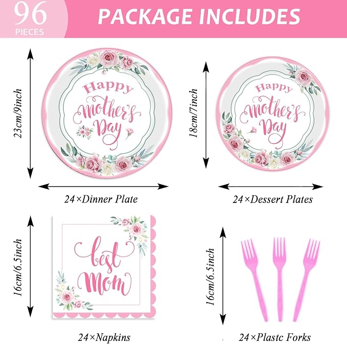 chiazllta 96 Pcs Happy Mother's Day Party Paper Plate and Napkins Set - 24 Guests, Pink, Spring Floral Design, Serves 24, Best Mom Ever Theme