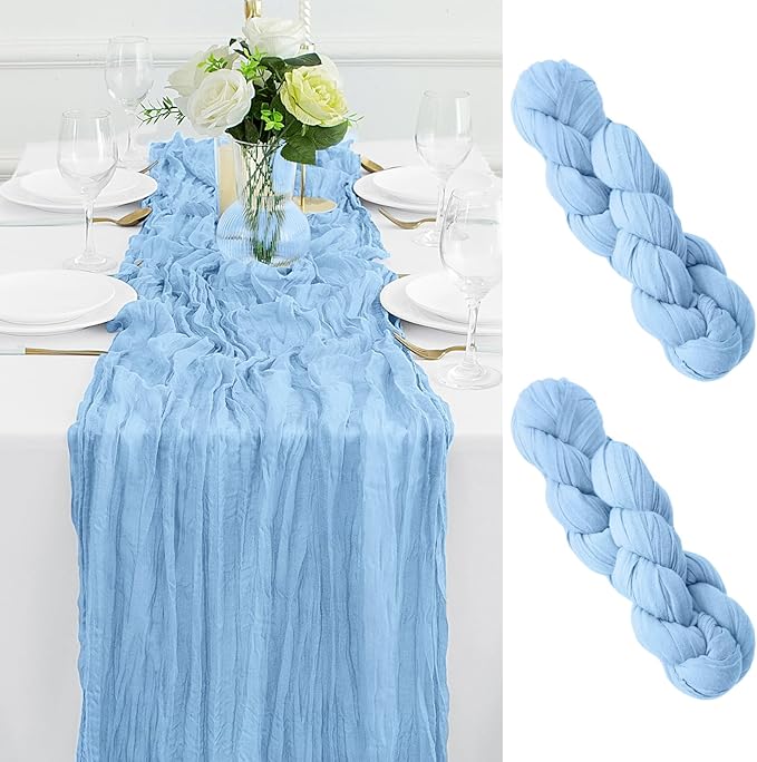 2Pack Light Blue Table Runner 10FT Cheesecloth Table Runner 35x120Inch Long Boho Cheese Cloth Table Runners Rustic Gauze Table Runners for Party Wedding Bridal Shower Baby Shower Decorations