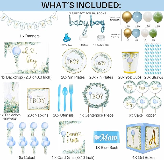 MEGA 254 Pc Watercolor Dusty Blue And Sage Green Baby Shower Decorations Boy, Gender Neutral Balloons Garland Kit, BABY boxes, Backdrop, Banners, Cake Topper, Tablecloth, Plates Napkins, Cups Utensils