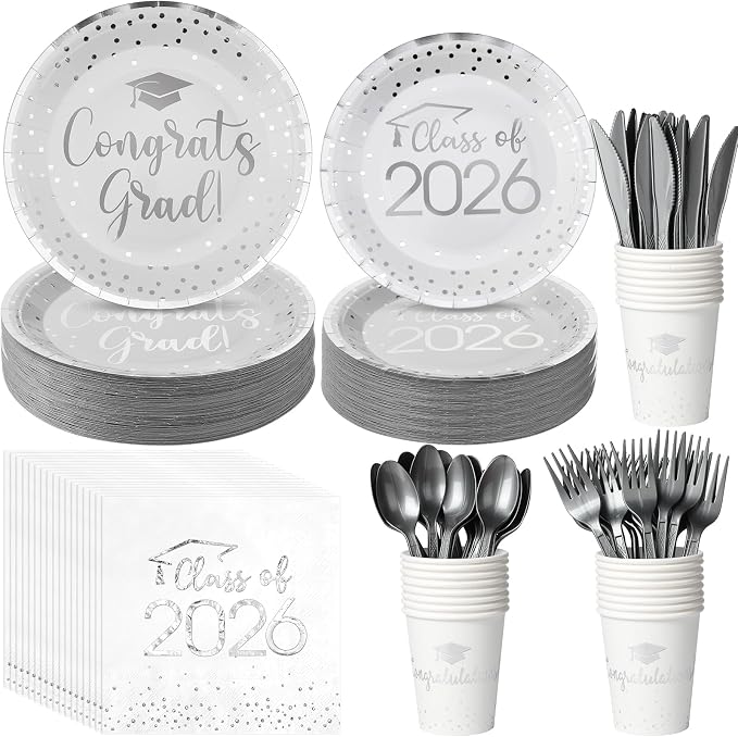 350pcs Class of 2026 Graduation Plates and Napkins Set, Disposable Paper Plate Set Polka Dots Napkins Cups Knife Fork Spoon for Graduation Party Decorations and Supplies,Serve 50 (White Silver）
