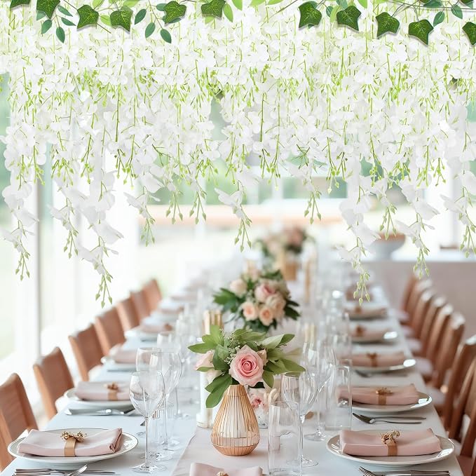 LELEE 25 Pcs Artificial Wisteria Hanging Flowers 3.6ft White Fake Hanging Flowers Garland Silk Flowers Rattan String Faux Wisteria Vine for Wall Home Wedding Party Arch Greenery Backdrop Decor