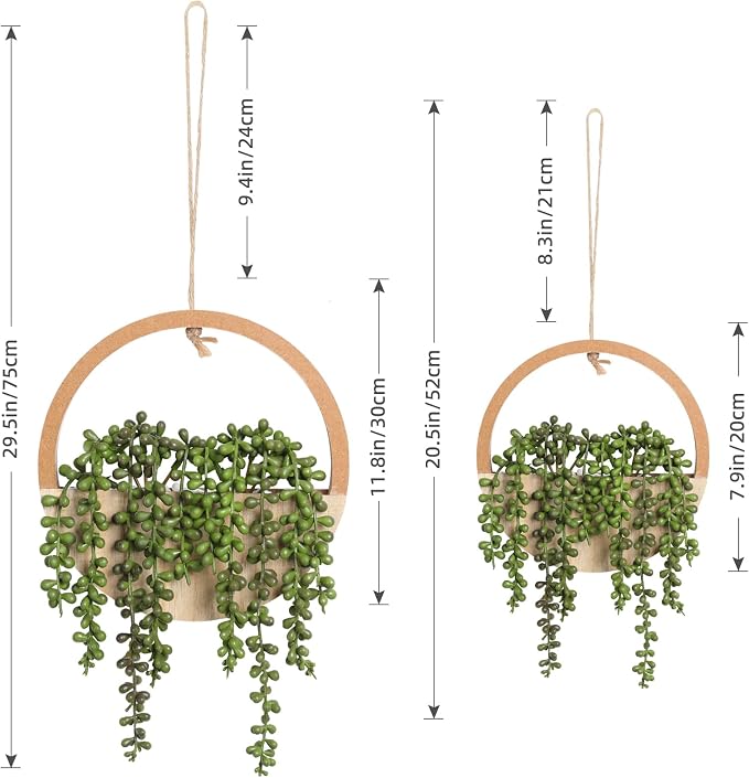 Floweroyal 2pcs Artificial Succulents Hanging Plants 20.1'' Fake String of Pearls in Pot with 9.4'' Lanyard for Indoor Outdoor Wall Decor（Wood Color）