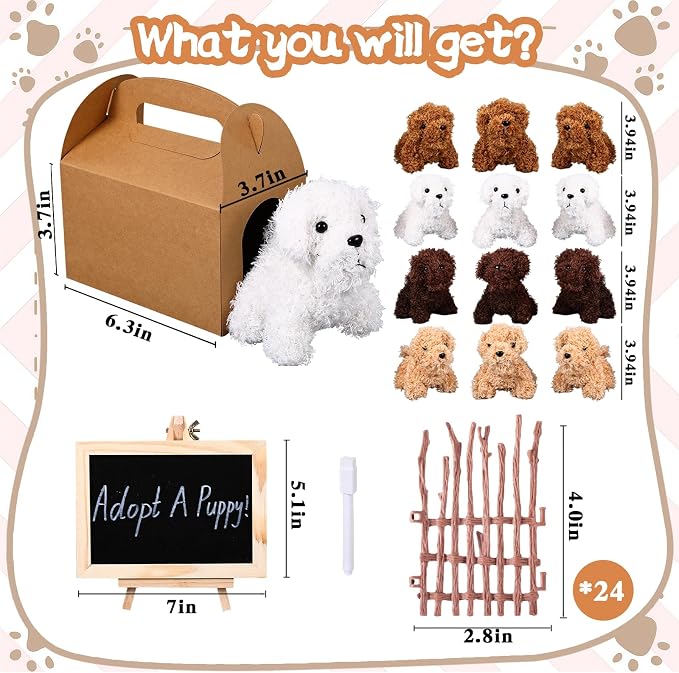 Adopt A Puppy Party Favors Mini Plush Stuffed Animals Set with 12 Plush Puppy Mini Fence Blackboard Kraft Paper Box for Adopt An Animal Themed Birthday Party