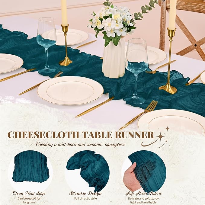 Pesonlook 12 Pack Cheesecloth Table Runner,Teal Table Runner Long Romantic Semi Sheer Rustic Boho Gauze Table Runners for Wedding Bridal Shower Birthday Party Decorations(17.7×108 Inch)