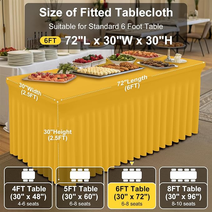Smiry Spandex Tablecloth, Elastic Fitted Stretch Tablecloth for 6FT Rectangle Tables, Waterproof Washable Table Cover Skirt for Outdoor, Wedding, Banquet & Parties (Mustard Yellow, 72Lx30Wx30H Inch)