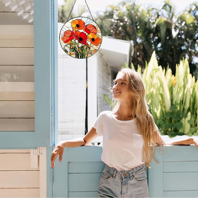 California Poppy Stained Glass Window Hanging 7.8'' – Sun Catcher Indoor Window Decor, Glass Suncatcher for Windows, Flower Hanging Ornament, for Mom Grandma Women Seniors