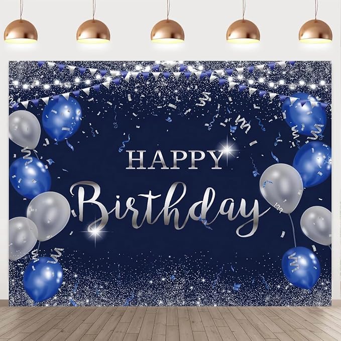 Happy Birthday Backdrop 10x8ft for Men Boys Navy Blue and Silver Happy Birthday Banner Decorations Large Birthday Party Photo Background Poster for Women Girls Supplies Polyester Fabric