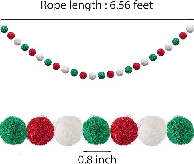 WILLBOND 2 Pieces Wool Felt Rainbow Ball Garland Colorful Pom Pom 6.5 ft Long 24 Ball Garland for Easter Mardi Gras Classroom Halloween Thanksgiving Xmas (Red,White,Green)