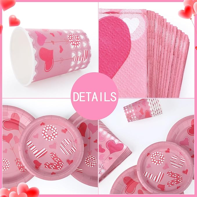 Jenaai 200 Pcs Valentine's Day Tableware Set Serve for 50 Guests Valentine's Day Party Supplies 9" Dinner Plates 7" Dessert Plates Paper Cups and Napkins Set for Dinnerware Tableware Disposable