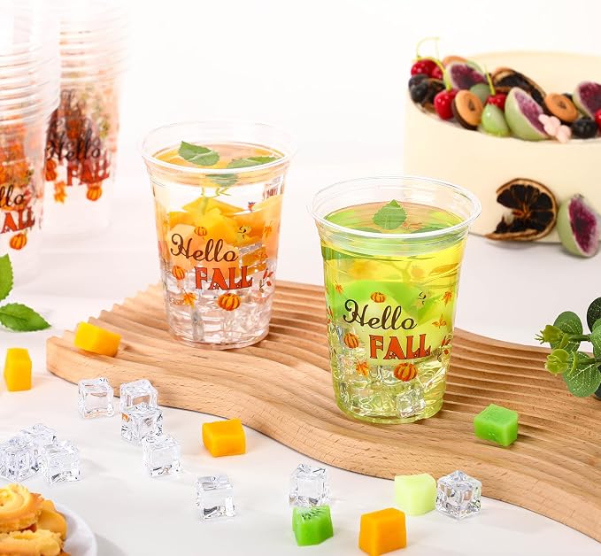 100 Pcs Thanksgiving Fall Plastic Cups 16 oz Disposable Clear Fall Cups Bulk Cute Pumpkin Plastic Glasses for Thanksgiving Party Supplies, Autumn Holiday, Harvest Gatherings, Cold Drinks