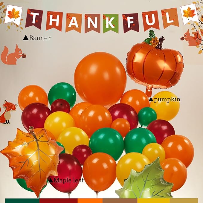Thanksgiving Party Decorations & with Fall Color Ruby red Burnt orange Yellow Sage Green Balloon Garland Kit & Maple leaf Pumpkin Foil balloons & Banner for Autumn Birthday harvest festival Decor