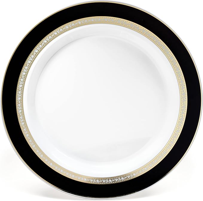 OCCASIONS 240 Fancy Black Gold Disposable Plastic Plates for 120 Guests, Heavy Duty Dinnerware, Looks Like Real China, Wedding Party, 10.5" Dinner + 7.5" Salad/Dessert, BPA-Free (Ritz Black and Gold)