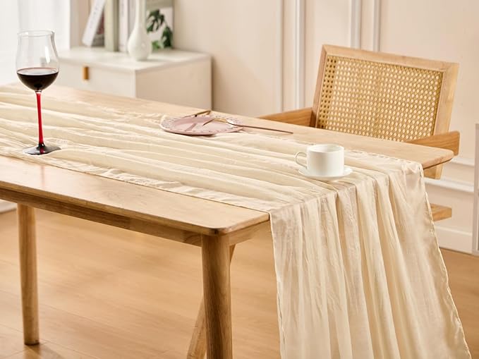 3 Pack Beige Spring Table Runner Boho Cheesecloth Table Runners Bulk 10 ft Crinkled Gauze Sheer Mother's Day Table Centerpieces for Wedding Ceremony Anniversary Bridal Baby Shower Banquet