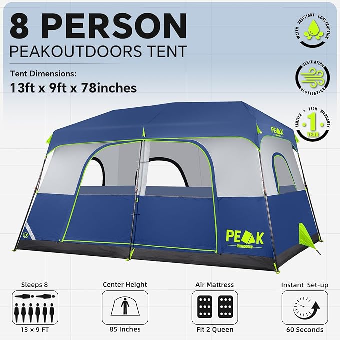 PEAK OUTDOORS Instant Tent 6/8 Person Tents for Camping, 60 Second Easy Setup Portable Camping Cabin Tent with Rainfly, Waterproof Pop Up Tents for Family Camping & Hiking with Expandable Carry Bag